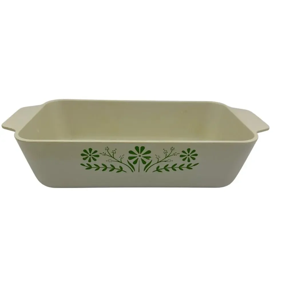 Vintage Oven Loaf Pan Bakeware Melmac Made in USA Green Flowers